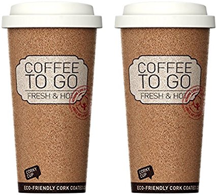 SET OF 2 Reusable Insulated Corky Coffee To Go Mugs for Travel and Work - 16 Ounces ANTI-BACTERIAL & ANTI-SLIP Coffee / Tea Mugs