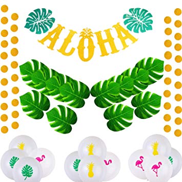 MeiMeiDa Hawaiian Tropical Luau Party Decorations Set Gold Glittery Aloha Banner Circle Dots Garland Tropical Palm Simulation Leaves Hawaiian Balloons for Tropical Luau Party Supplies Favors