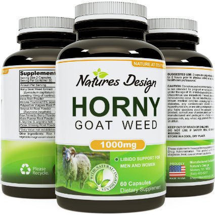 Natural Horny Goat Weed Extract For Men and Women - Herbal Complex Blend Supplement - Ginseng 100 Maca Root and Tongkat Ali Powder - 60 1000mg Potent Capsules - Energy Stamina Performance and Desire - USA Made by Natures Design