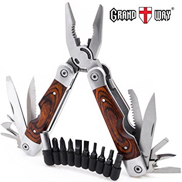 Best Wood Handle Multi-Tool 23-in-1 with Knife and Pliers - Utility Tool with 9 Attachable Bits - Good for Camping, Hunting, Survival, Hiking and Outdoor Activities