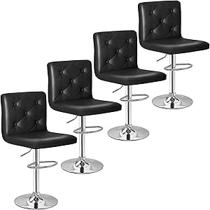 VECELO Bar Stools Set of 4, Modern PU Leather Adjustable Bar Stools with Back, 360° Swivel Bar Height Stools for Kitchen Counter Island, X-Large Size, 17.3" D x 16.5" W x 45" H, Black