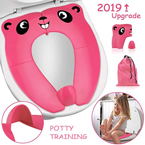 2019 Upgrade Portable Potty Seat with Splash Guard for Toddler, VIRIITA Foldable Travel Potty Seat with Carry Bag, Non-Slip Pads Toilet Potty Training Seat Covers for Baby, Toddlers and Kids (Pink)
