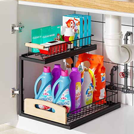 G-TING Under Sink Organizer 2 Tier, L Shaped Sliding Cabinet Basket Organizer, Slide Out Under Cabinet Storage, Multi-Purpose Pull Out Cabinet Organizer for Bathroom, Kitchen, Black