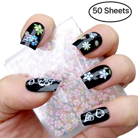 MAKARTT 3D Nail Art Stickers 50 Sheets Self-adhesive Nail Decals Tip Mix Color Flower Decal Decoration