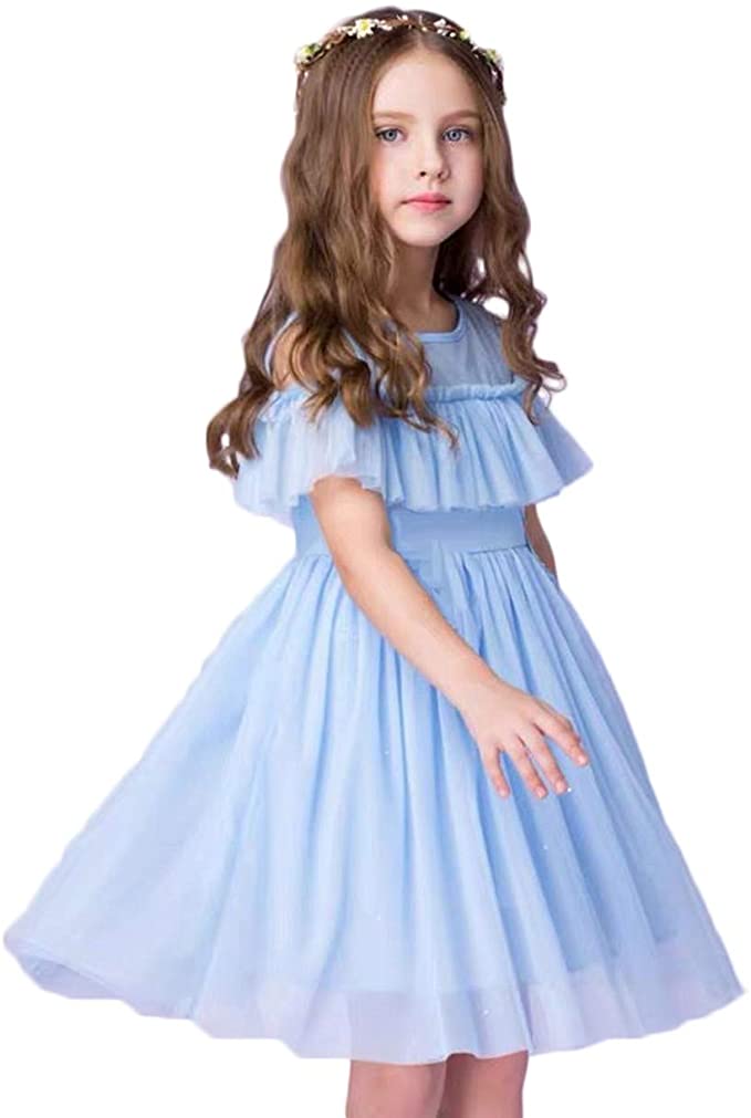 HILEELANG Girl Summer Short Sleeve Casual Dress Cotton Tulle Check Party Dress Toddler to Big Girl 1-12Y