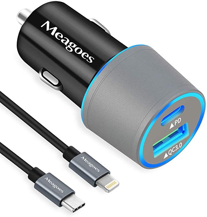 Meagoes Fast USB C Car Charger, Compatible for iPhone 11 Pro Max/11 Pro/11/XS Max/XS/XR/X/8 Plus/8, iPad Air/Mini, 18W Rapid PD Car Adapter with Apple MFi Certified 3.3ft USB C to Lightning Cable Cord
