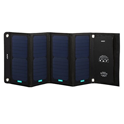 AUKEY Solar Charger 28W with 2 USB Ports, 5V 2.4A Max per Port, 4 SunPower Panels for Better Conversion of Sunlight, Use for iPhone, Kindle, Speaker, ect.