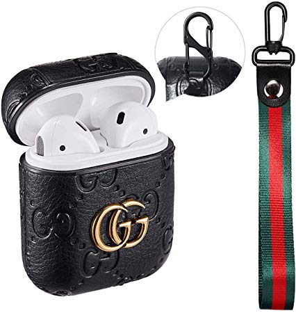 Airpods Leather Case Cover - 3D Luxury Classic Case Kit, Wireless Charging Shockproof Box with Keychain Clip and Wristlet Strap for Apple AirPods 2 and 1 - Black