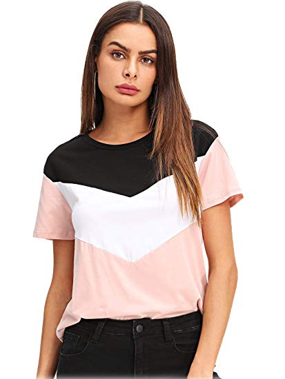 Romwe Women's Color Block Blouse Short Sleeve Casual Tee Shirts Tunic Tops