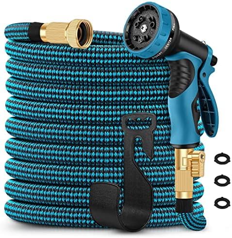 Garden Hose 100ft with 10 Function Spray Nozzle, Leakproof Water Hose Design with Solid Brass Connectors, Easy Storage and Usage(Blue and Black)