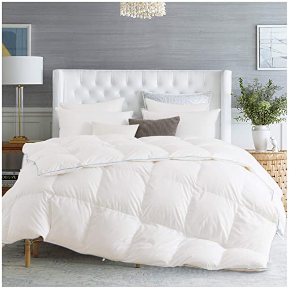 KASENTEX Down Duvet Insert Quilted White Comforter, Plush Cotton with Blue Piped Edge, White Goose Down and Feather Fill - 700 Fill Power 65oz, Machine Washable and Warm Bedding, King Size