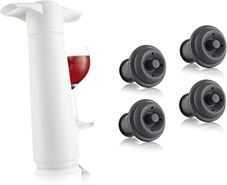 Vacu Vin Wine Saver Pump with 2 x Vacuum Bottle Stoppers (White with 4 Wine Stoppers)