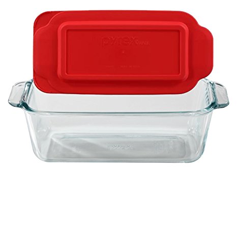 Pyrex Basics 1.5 Quart Loaf Dish with Red Plastic Lid