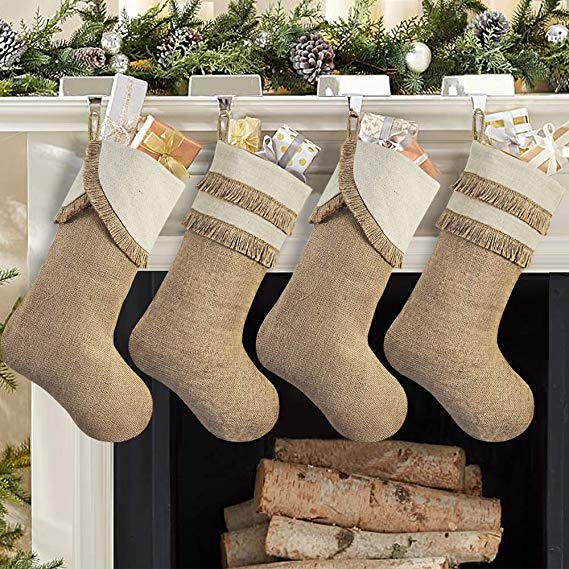 Ivenf Fringed Christmas Stockings, 4 Pack 18 inches Large Original Burlap Stockings with Tassel, for Family Holiday Home Decor Xmas Party Decorations
