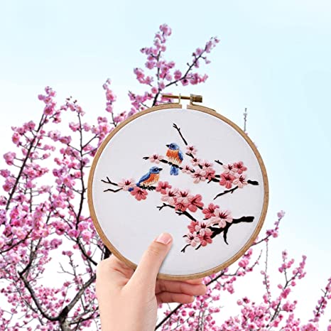 Unionm Embroidery Kit Cherry Blossom Birds Cross Stitch Kit for Adults Beginners with Pattern and Instructions Plants Flowers Floral Pink Sakura Embroidery Set Hobbies for Women (Cherry Blossom)