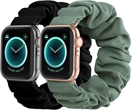 2Pack Bands Compatible with Scrunchies Apple Watch Band 38mm 40mm 42mm 44mm, Women Cloth Pattern Printed Fabric Wristbands Straps Elastic Scrunchy Bands for iWatch Series SE 6 5 4 3 2 1