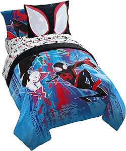 Marvel Spiderman Across The Spider-Verse Glitch 5 Piece Twin Size Bed Set - includes Comforter & Sheet Set Bedding - Super Soft Fade Resistant Microfiber (Official Product)