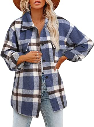 BTFBM Women's Long Sleeve Button Down Jackets Plaid Flannel Shirts Tops Casual Lapel V Neck Oversized Shackets Blouses Top