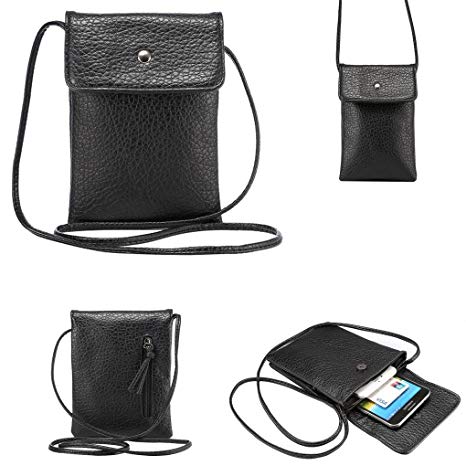 WaitingU Universal Crossbody Cell Phone Bag PU Leather Carrying Cases Credit Card Holder Shoulder Pouch Bag for iPhone 6/6S Plus 6/6S Samsung Galaxy Note Series Phones Under 6.2 inchs -Black