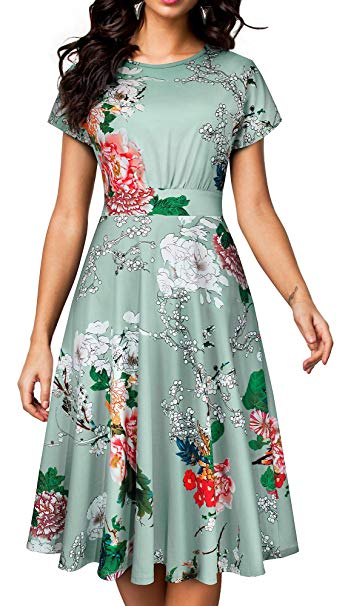 HOMEYEE Women's Short Sleeve Floral Casual Aline Midi Dress A102