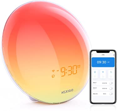 NexiGo Sunrise Alarm Clock, Smart Sleep Wake Up Light, APP & Voice Control, Sound Machine, Bedside Reading Light, Dual Alarms / 9 Special Lighting / 5 Natural Sounds & 11 Sleep Aid Sound Night Light