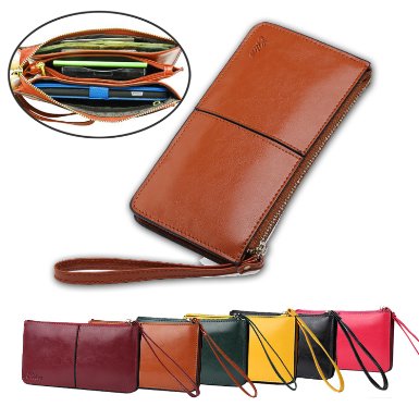 Yilen Women Soft Leather Zipper Around Clutch Long Wallet Evening Purse iPhone 6 Plus 5.5 inch Card Case Handbag with Wrist Strap(Brown)