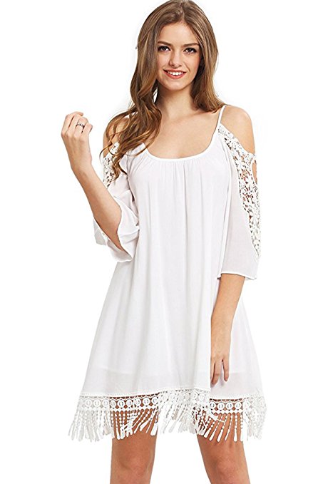 Milumia Women's Summer Cold Shoulder Crochet Lace Sleeve Loose Beach Dress