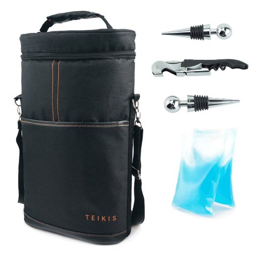 TeiKis 2 Bottles Wine Travel Bag - Included Bottle Opener Corkscrew and Bottle Opener and Foil CutterAll In One - Winechampagne Cooler Insulated Bag - Wine Traveler