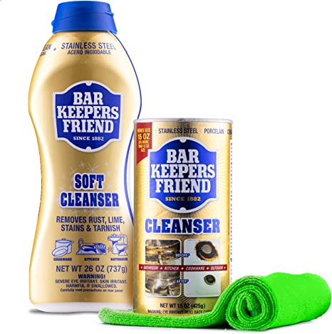Bar Keepers Friend Cleaner Kit - includes 26 oz Liquid Soft Cleanser | 12 oz Cleanser & Polish Powder | Sewanta Microfiber Towel - Cleaner & Stain Remover For Stainless Steel, Aluminum, Brass, Ceramic.