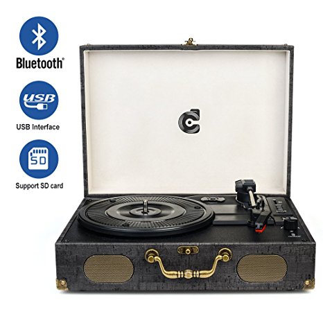 Wockoder Portable Bluetooth 3 Speed Turntable with Built in Stereo Speakers, Vintage Style Vinyl Record Player, Black