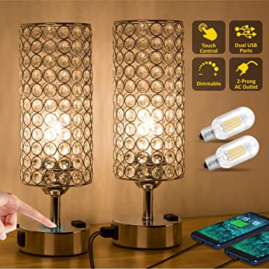 ZEEFO Touch Control Crystal Table Lamp, Modern Elegant Decor Nightstand Lamps Built-in Dual 5V/2.1A USB Ports & 2-Prong AC Outlet Dimmable Bedside USB Lamps Perfect for Bedroom,Office (Set of 2)