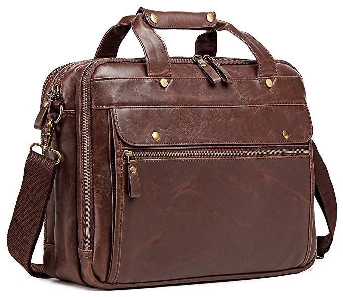 Leather Briefcase for Men Computer Bag Laptop Bag Waterproof Retro Business Travel Messenger Bag for Men Large Tote 15.6 Inch Brown