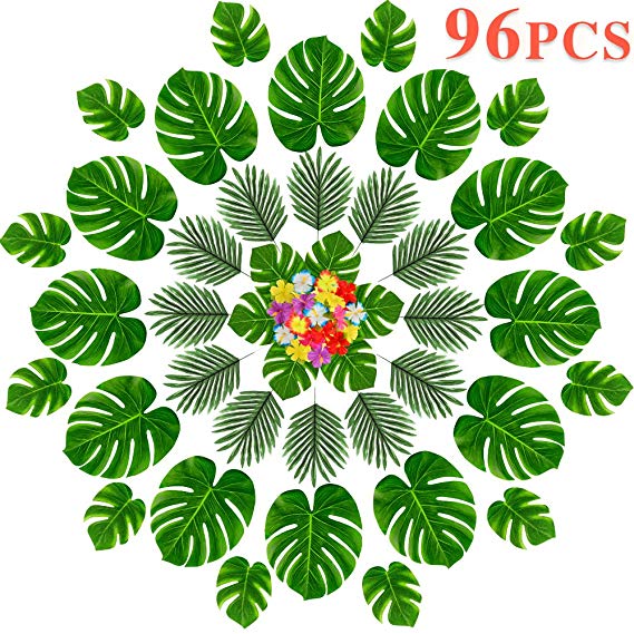 MOMOTOYS 96 Pcs Tropical Party Decorations Supplies, Tropical Palm Leaves and Hawaiian Flowers, Premium Party Décor for Luau Party Supplies Aloha Hawaiian TIKI Safari Party Table Decorations