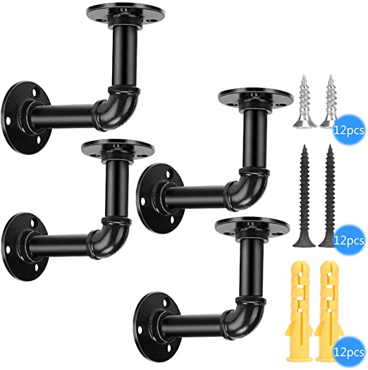 Pipe Shelving Brackets Normei Industrial Iron Pipe Brackets Rustic Pipe Decor Industrial Shelf Brackets Wall Mounted Heavy Duty Black Pipe Bracket with All need Parts (Elbow Type, 4 Packs )