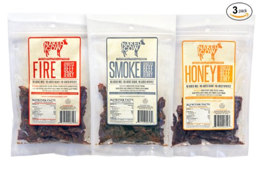 Naked Cow All Natural Grass Fed Beef Jerky - Includes 2.25 oz of Smoke Flavor, 2.25 oz of Honey Flavor, and 2.25 oz of Fire Flavor (Sampler Pack Includes 1 Pack of Each Variety)
