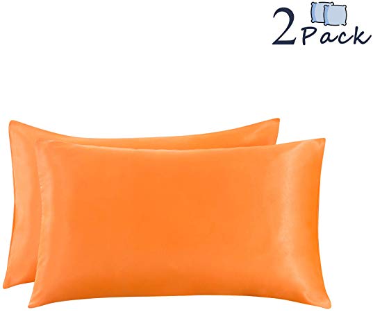 Ethlomoer 2-Pack Luxury Smooth Satin Pillowcase for Hair and Skin, Soft Breathable with Envelope Closure (Bright Orange Queen)