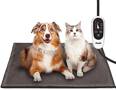 Feeko Pet Heating Pad, 40x70cm Large Electric Heating Pad for Dogs and Cats Indoor Adjustable Warming Mat with Auto-Off and 6 Heat Setting, Chew Resistant Cord, Brown Grey