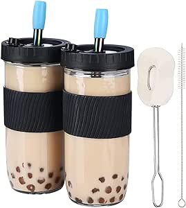 ALINK 2-Pack Reusable Glass Cup Bubble Tea Cups, 24Oz Wide Mouth Smoothie Cups with Lid, Silicone Sleeve & Angled Wide Straws, Leakproof Glass Mason Jars, Black