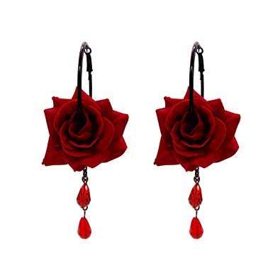 RareLove Vintage Red Rose Flower with Teardrop Beads Dangle Hoop Earrings