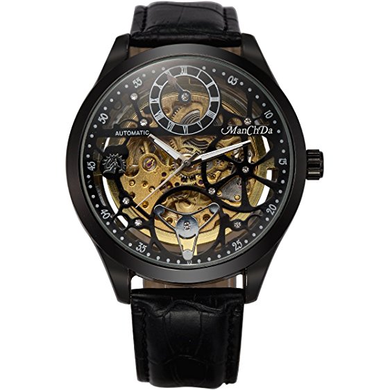 ManChDa Big Case 47MM XL Automatic Mechanical Crystal Black Leather Wrist Watch   Gift Box