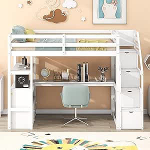 Harper & Bright Designs Twin Loft Bed with Stairs and Desk, Solid Wood Loft Bed Frame with Storage Drawers and Bookshelf for Kids Teens Adults - White