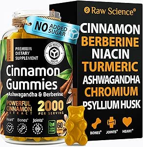 S RAW SCIENCE Sugar Free Berberine Gummies with Ceylon Cinnamon 2000mg - Blood Support - Ashwagandha, Turmeric, Chromium, Psyllium Husk Powder, Gymnema Sylvestre - 60 Fiber Gummies