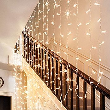 Ollny Curtain Window Icicle Decorative Lights Fairy String Lights for Wedding Christmas Party Backdrops Home Outdoor Decorations 9.8ft x 9.8ft 300 LEDs 8 modes Warm White