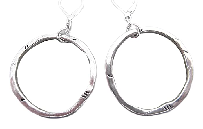 Hammered Silvery Metal Ring Hoop Earrings Boho Artisan Jewelry