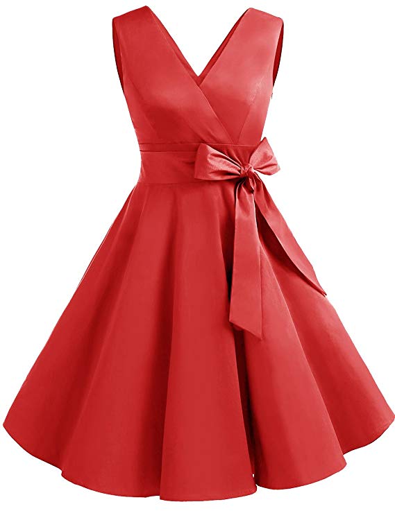 DRESSTELLS Vintage 1950s Solid Color V Neck Retro Swing Dress with Bow Tie