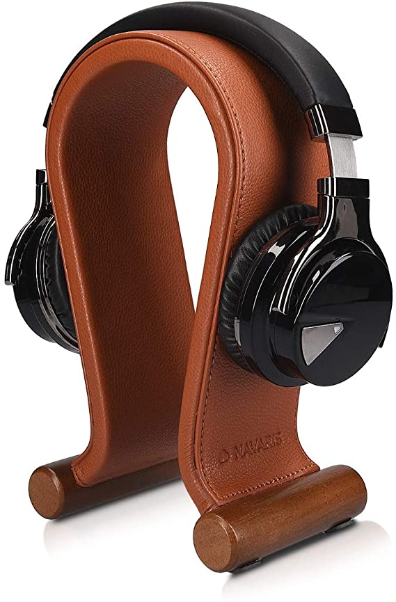 Navaris Omega Headphone Stand - Synthetic Leather Headset Hanger with Wood Base - Holder for Wired, Wireless, Gaming, DJ, Studio Headphones - Brown