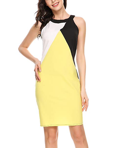 Beyove Women Casual Halter Sleeveless Color Block Mini Bodycon Pencil Dress