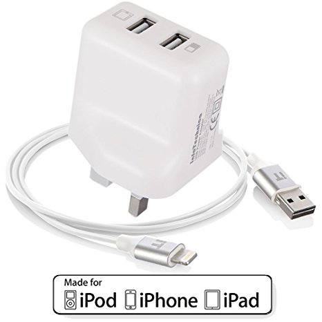 Dual USB charger compatible with iPad 4, iPad Air, iPad Mini, iPhone 5, iPhone 6 with MFI certified Sync & Charge USB cable (2xUSB iPhone cable-White)