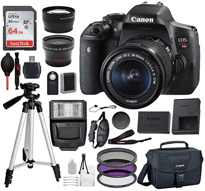 Canon EOS Rebel T6i Digital SLR Camera with EF-S 18-55mm is STM USA (Black) 19PC Professional Bundle Package Deal –SanDisk 64gb SD Card   Canon Shoulder Bag   More