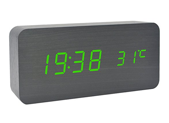 Wooden Alarm Clock LED Desktop Electronic Snooze Travel Home Modern Fashion Digital Displays Kids' Room Clocks Date Time Temperature with Voice Control Features (Black Wood Green Light)